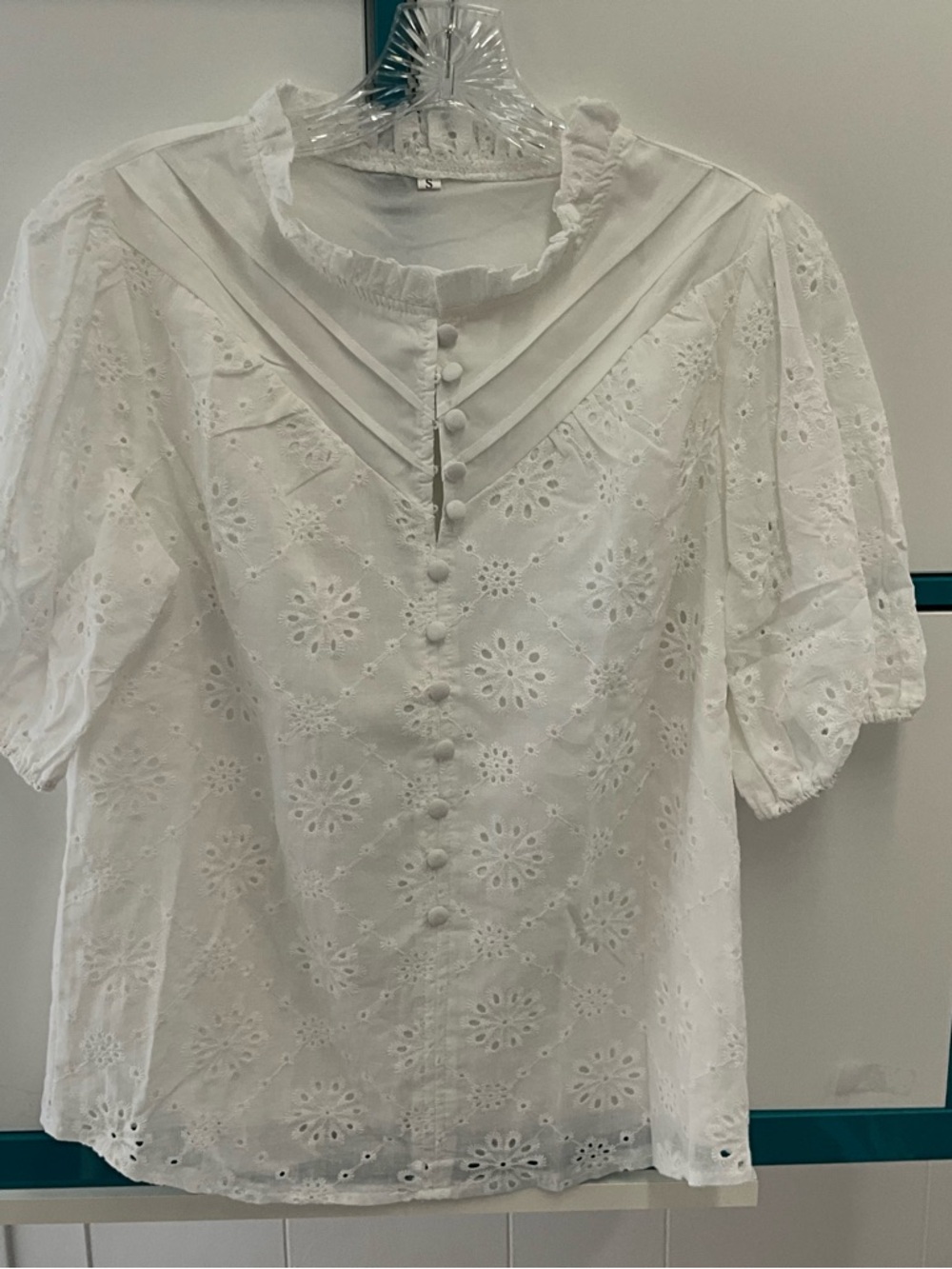 White Eyelet Button-Front Blouse with Ruffled Collar